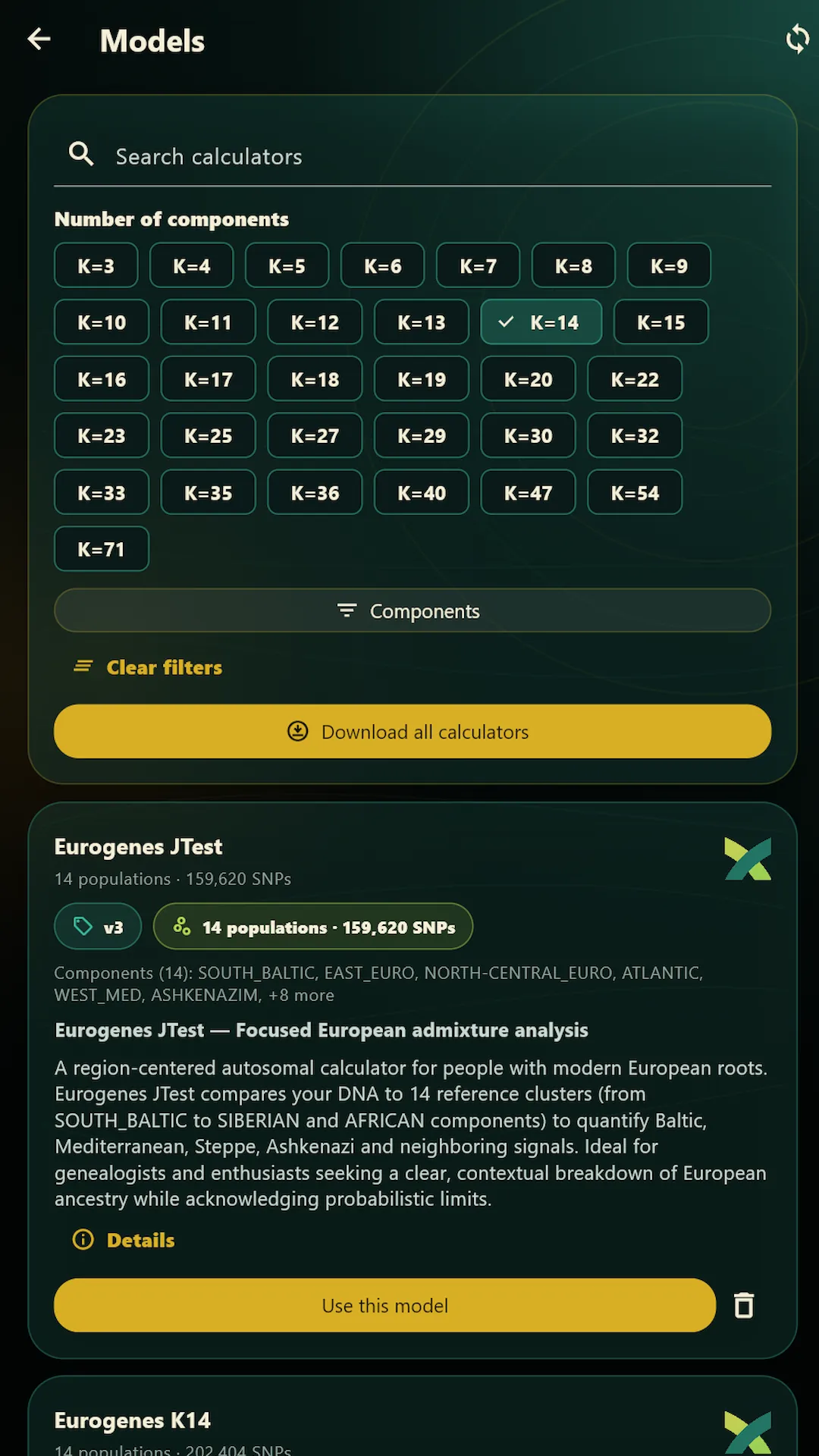Calculator selection screen in the Admixture Studio app
