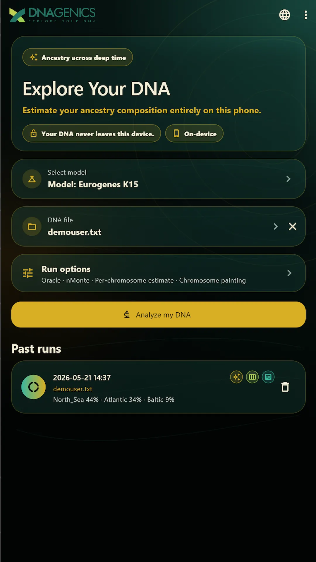 Main screen of the Admixture Studio Android app