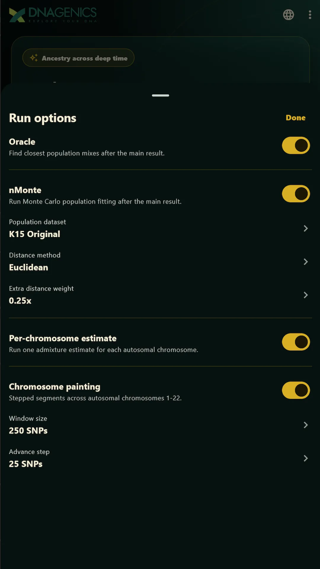 Model and run options screen in the Admixture Studio app